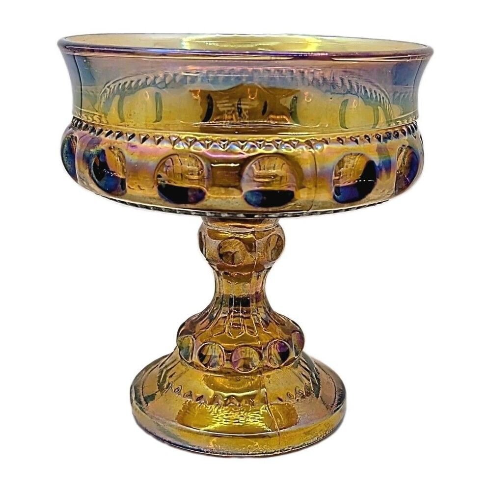 Vintage Amber Carnival Glass Pedestal Candy Dish Bowl Iridescent Kings Crown...
